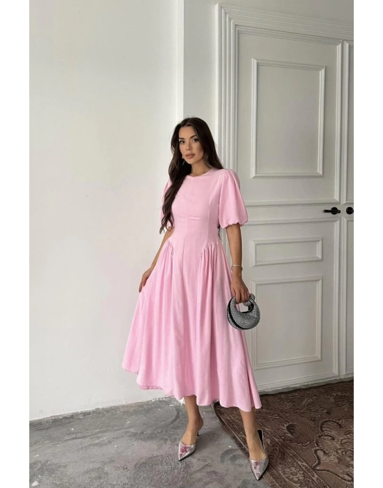 Pembe Arkadan Bağlamalı Büzgülü Keten Elbise