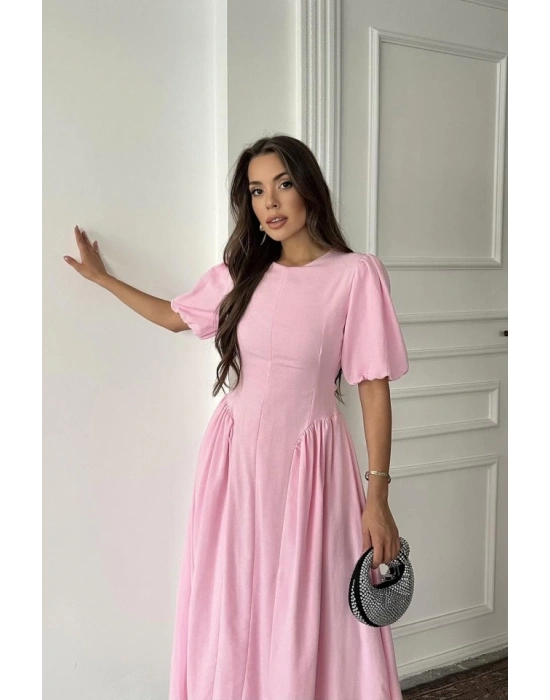 Pembe Arkadan Bağlamalı Büzgülü Keten Elbise