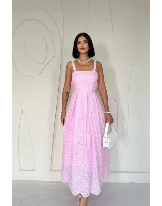 Pembe Askılı Aparatlı Brode Elbise