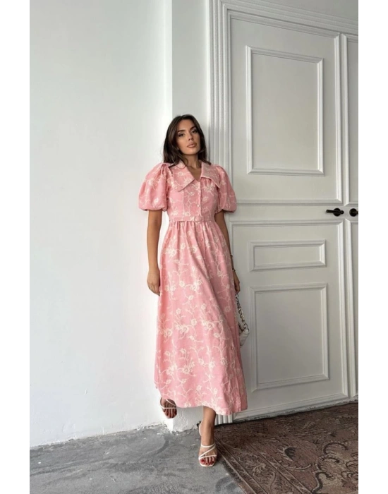 Pembe Bebe Yaka Balon Kollu Elbise