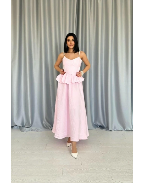 Pembe Beli Büzgülü İnci Askılı Uzun Elbise