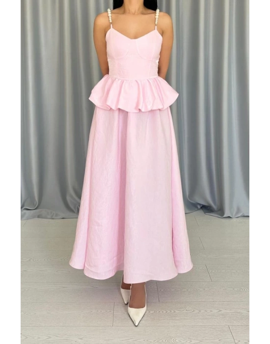 Pembe Beli Büzgülü İnci Askılı Uzun Elbise