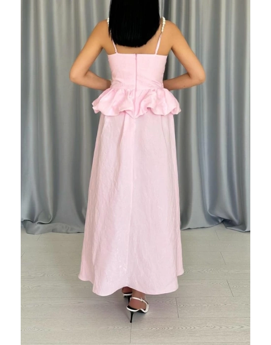 Pembe Beli Büzgülü İnci Askılı Uzun Elbise
