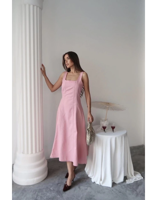 Pembe Çift Dikişli Gabardin Elbise