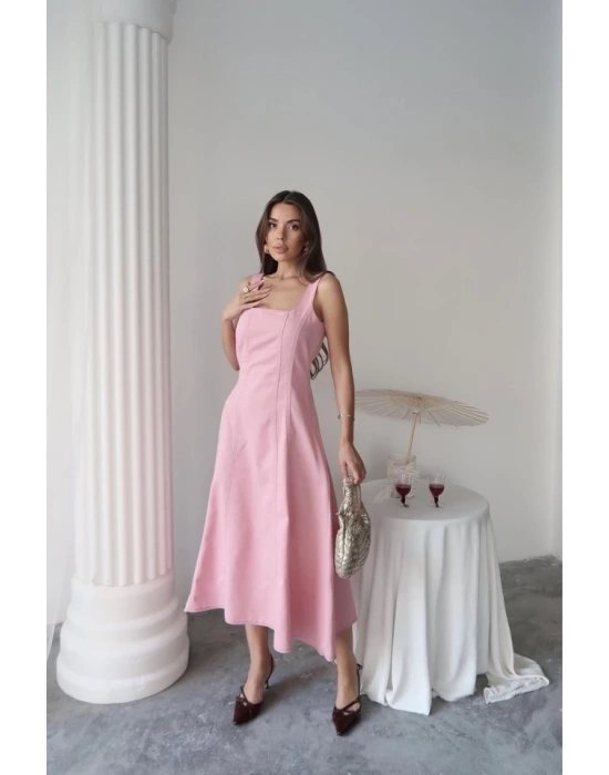 Pembe Çift Dikişli Gabardin Elbise