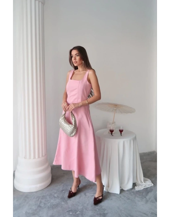 Pembe Çift Dikişli Gabardin Elbise