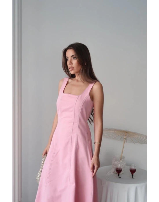 Pembe Çift Dikişli Gabardin Elbise