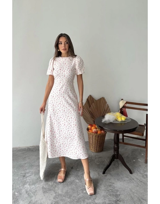 Pembe Dijital Baskılı Atlas Elbise