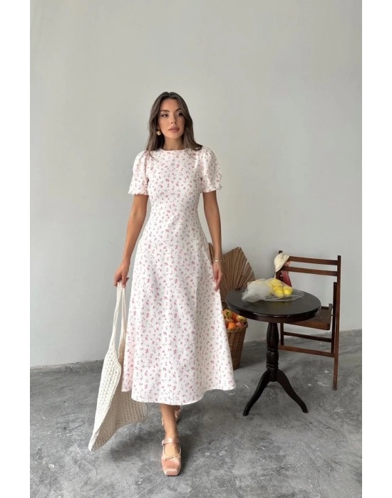 Pembe Dijital Baskılı Atlas Elbise