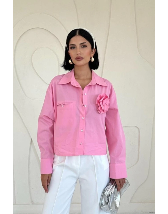 Pembe Fleto Cepli Poplin Gömlek