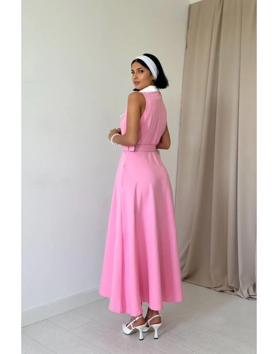Pembe Geniş Yakalı Halter Kollu Elbise