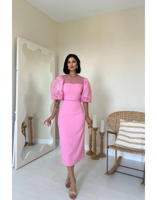 Pembe İncili Tül Detay Elbise
