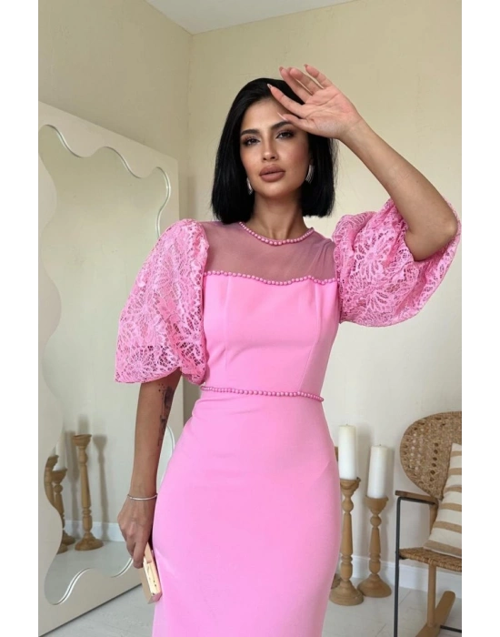 Pembe İncili Tül Detay Elbise
