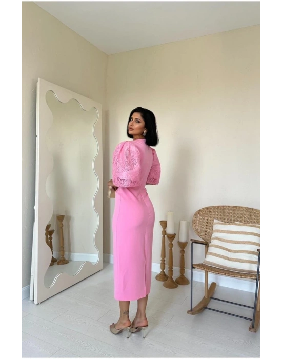 Pembe İncili Tül Detay Elbise