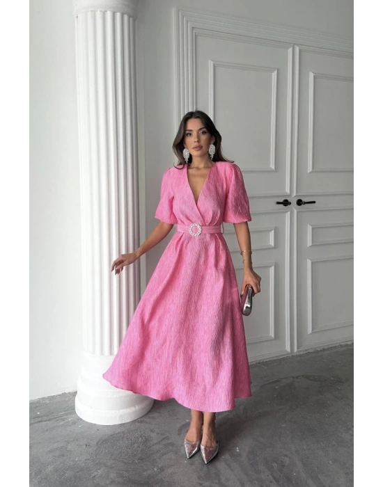 Pembe Işıltılı Kemerli Kruvaze Elbise