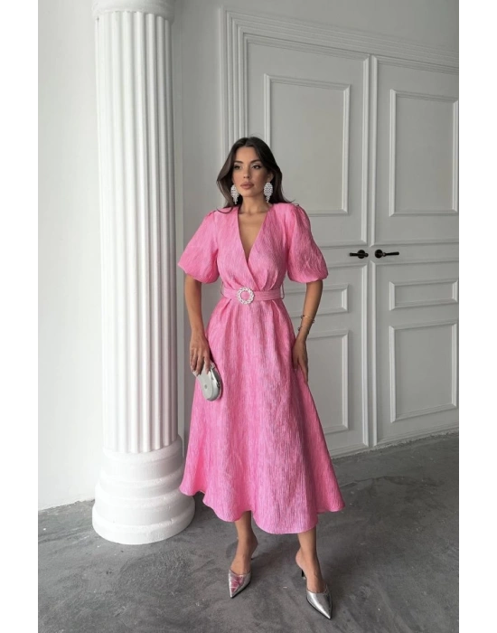 Pembe Işıltılı Kemerli Kruvaze Elbise