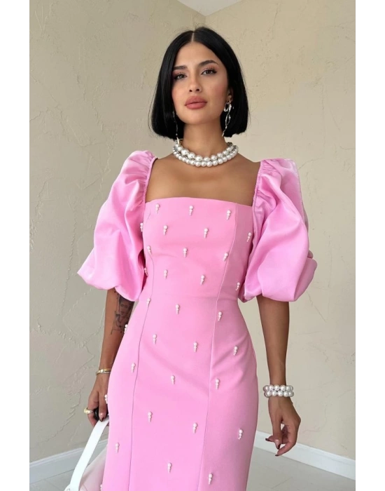 Pembe İşlemeli Kolu Garnili Elbise