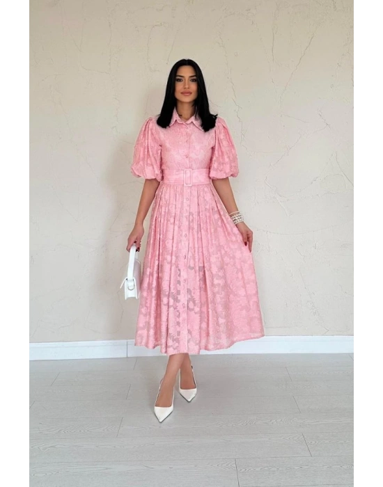 Pembe Kemerli Balon Kollu Elbise