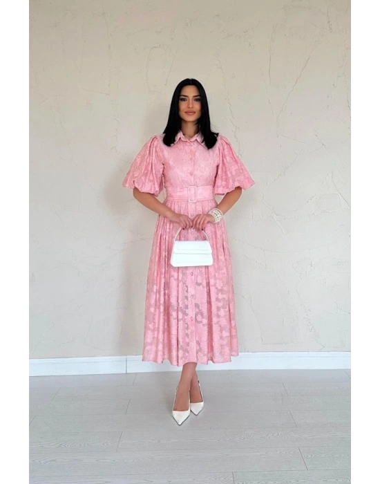 Pembe Kemerli Balon Kollu Elbise