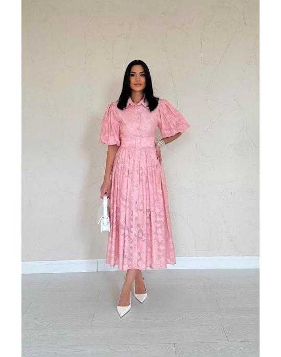 Pembe Kemerli Balon Kollu Elbise