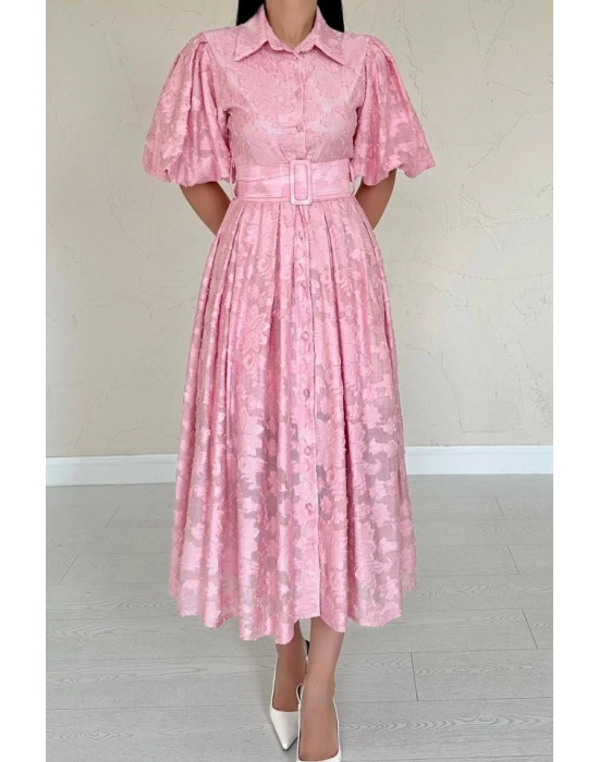 Pembe Kemerli Balon Kollu Elbise