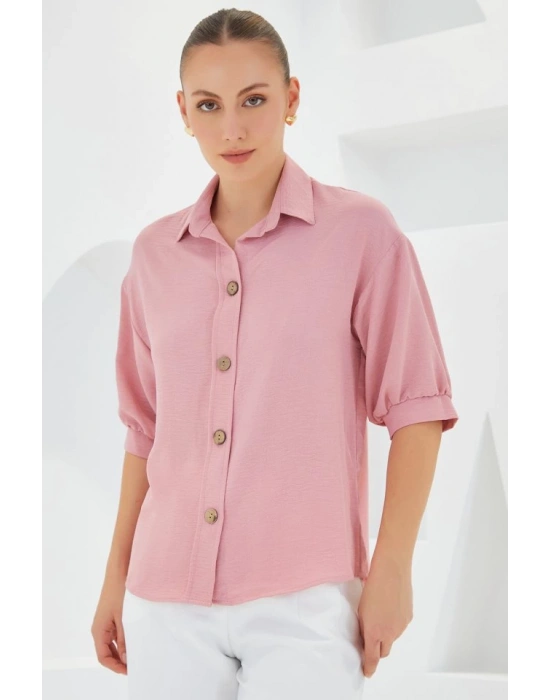 Pembe Kısa Kol Oversize Keten Gömlek 20240