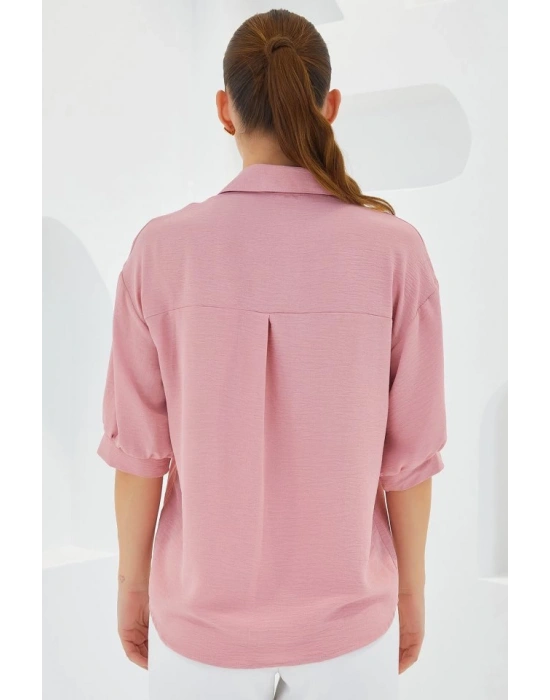 Pembe Kısa Kol Oversize Keten Gömlek 20240