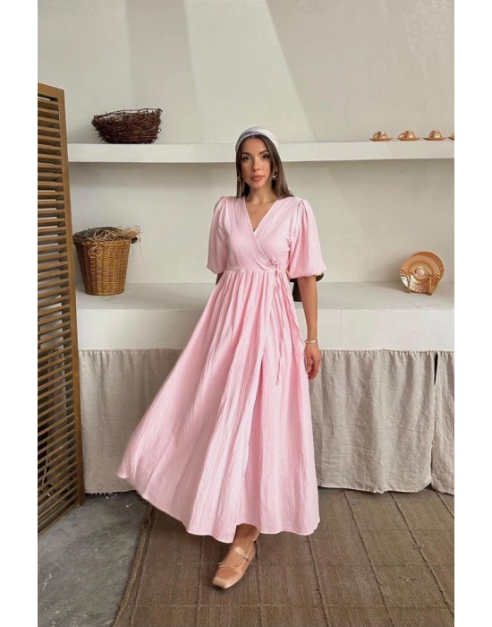 Pembe Müslin Uzun Elbise