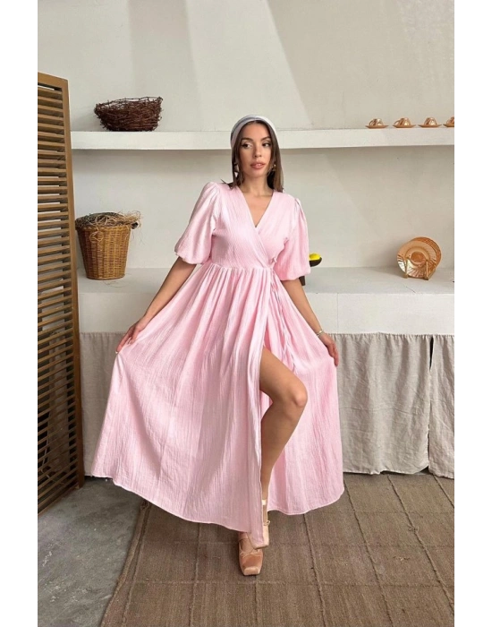 Pembe Müslin Uzun Elbise