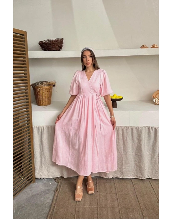 Pembe Müslin Uzun Elbise