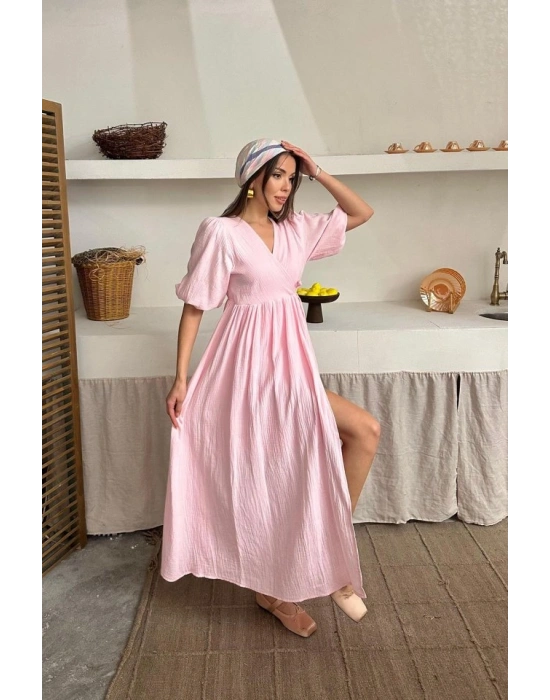 Pembe Müslin Uzun Elbise
