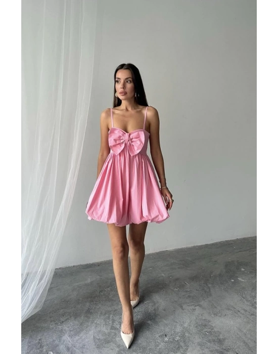 Pembe Önü Fiyonklu Askılı Elbise