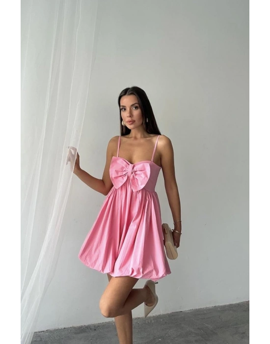 Pembe Önü Fiyonklu Askılı Elbise