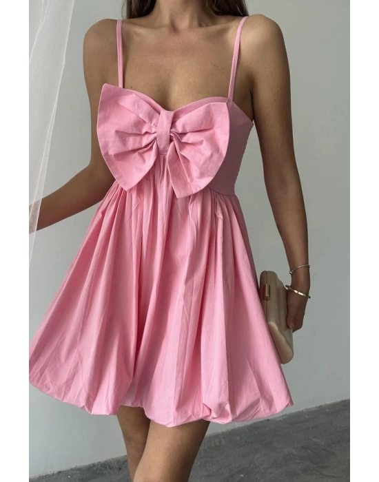 Pembe Önü Fiyonklu Askılı Elbise