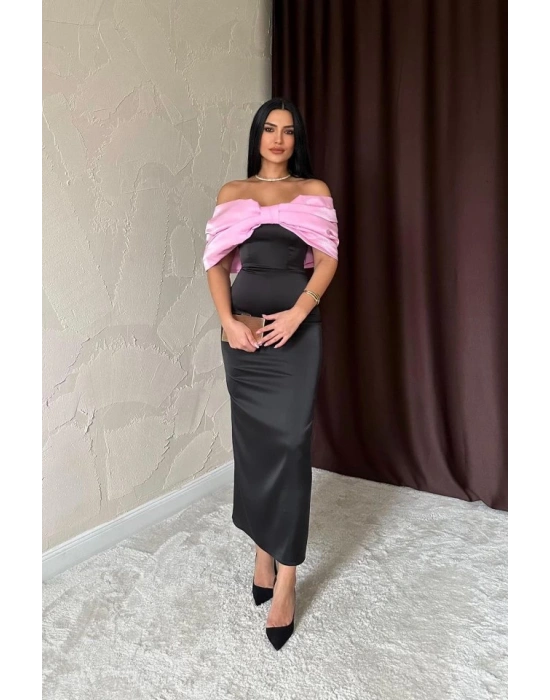 Pembe Önü Fiyonklu Elbise