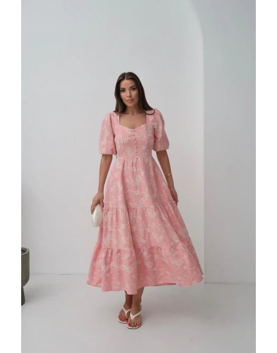 Pembe Süs Düğmeli Balon Kollu Elbise