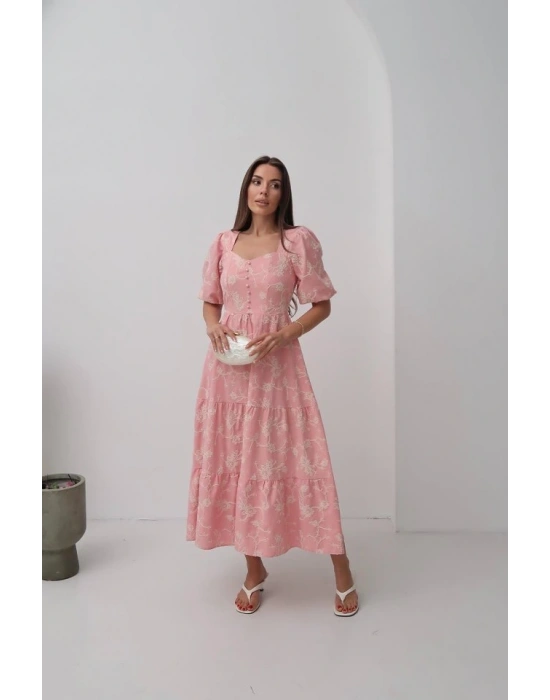 Pembe Süs Düğmeli Balon Kollu Elbise