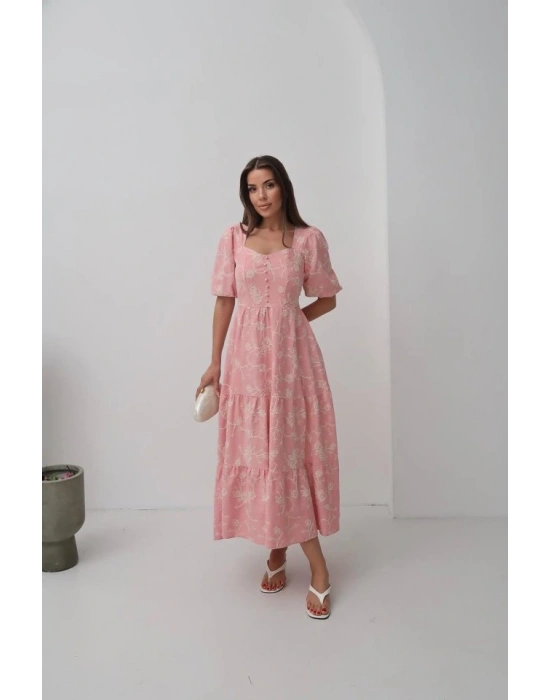 Pembe Süs Düğmeli Balon Kollu Elbise