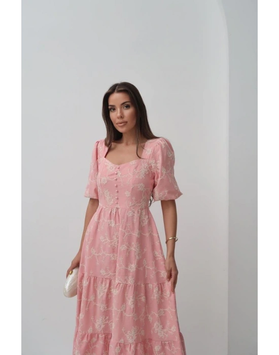 Pembe Süs Düğmeli Balon Kollu Elbise