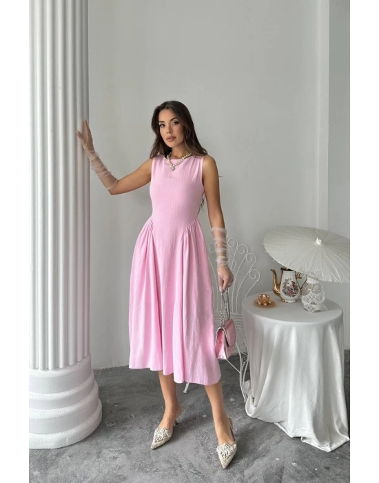 Pembe Yanları Büzgülü Midi Boy Keten Elbise