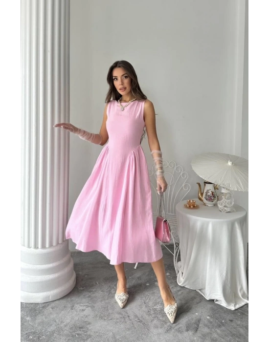 Pembe Yanları Büzgülü Midi Boy Keten Elbise