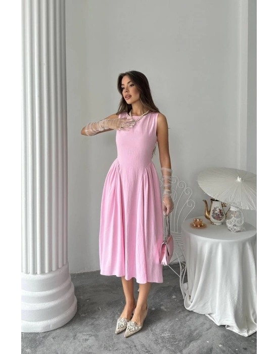 Pembe Yanları Büzgülü Midi Boy Keten Elbise
