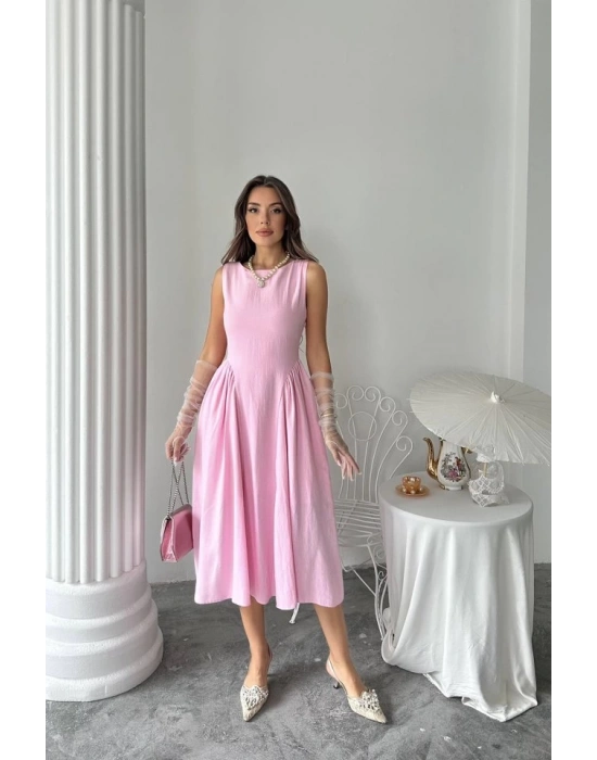 Pembe Yanları Büzgülü Midi Boy Keten Elbise