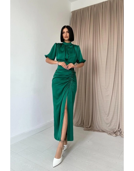 Petrol Büzgülü Saten Elbise