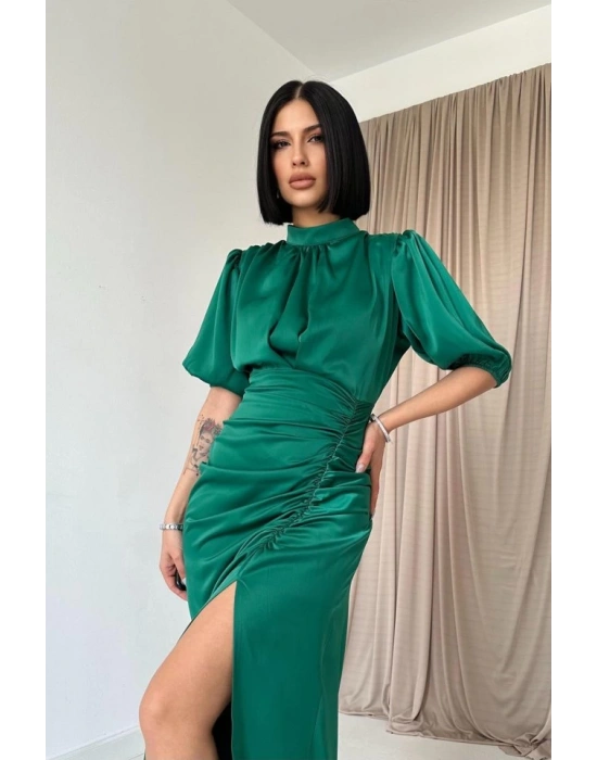 Petrol Büzgülü Saten Elbise