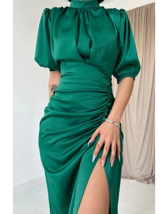 Petrol Büzgülü Saten Elbise