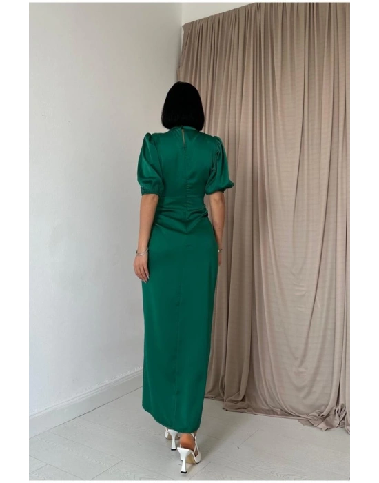 Petrol Büzgülü Saten Elbise