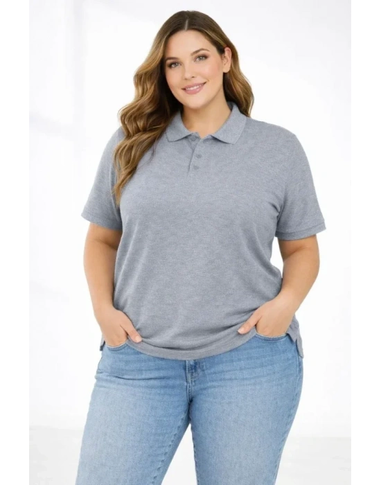 Pike Kumaş Düğmeli Yaka Battal Büyük Beden Günlük Kısa Kol Tişört Tshirt  Gri