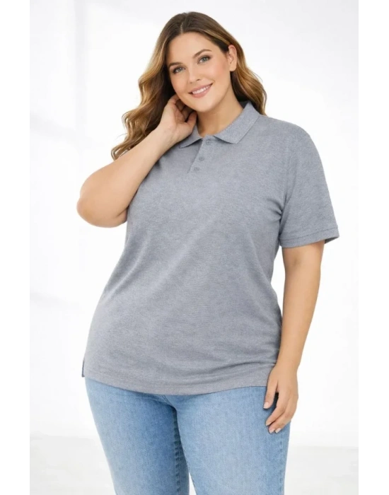 Pike Kumaş Düğmeli Yaka Battal Büyük Beden Günlük Kısa Kol Tişört Tshirt  Gri