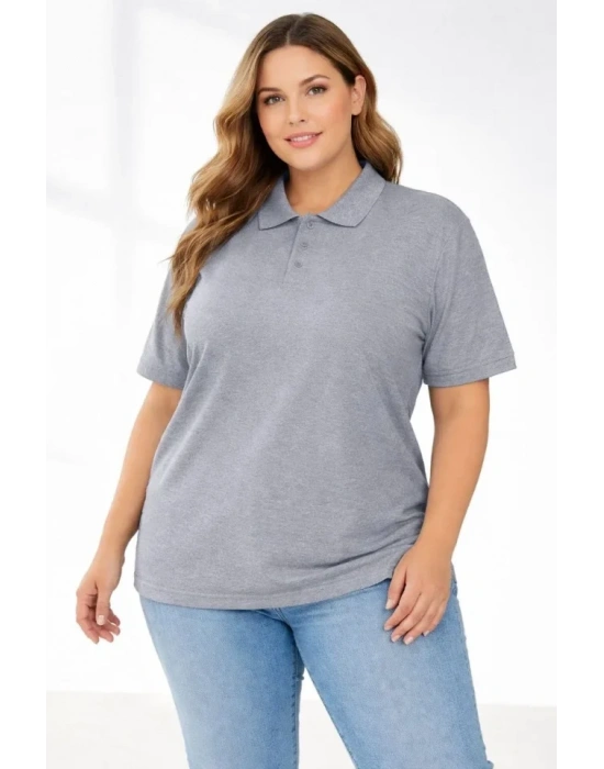 Pike Kumaş Düğmeli Yaka Battal Büyük Beden Günlük Kısa Kol Tişört Tshirt  Gri